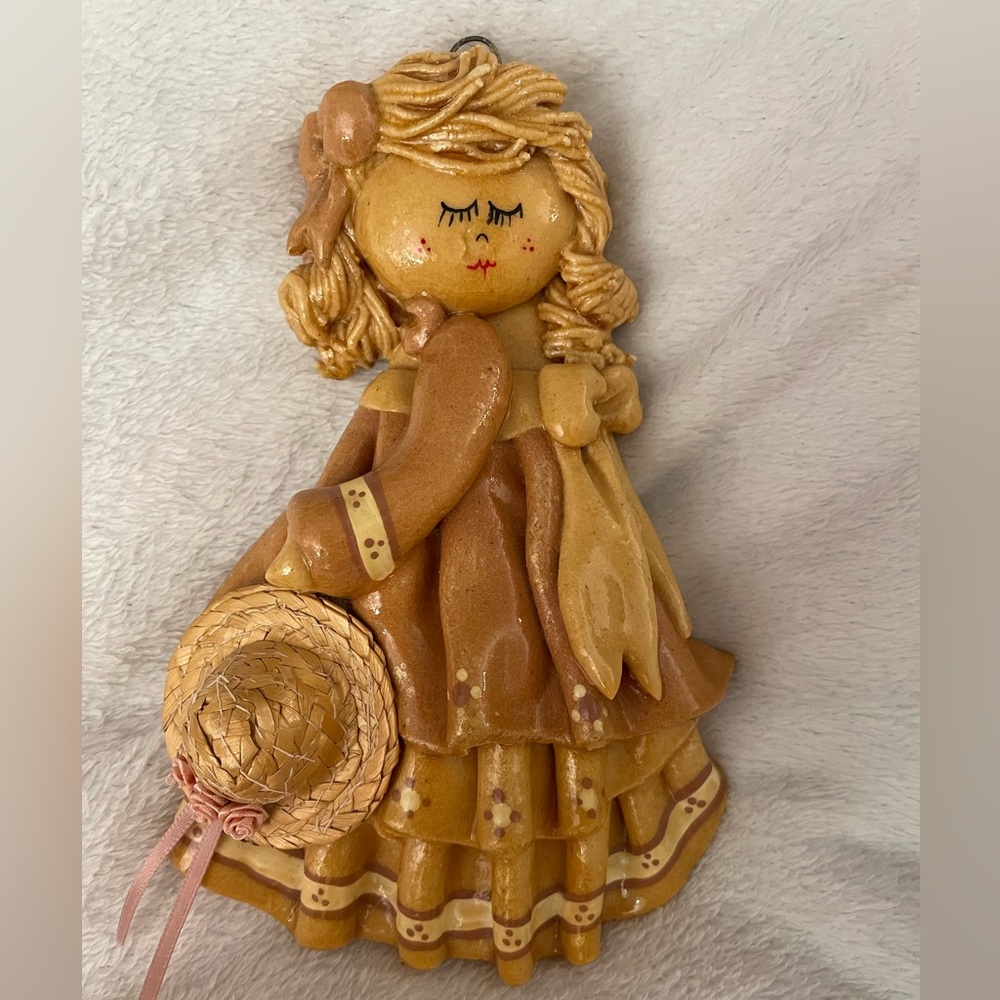 Vintage handmade girl in ruffle dress 👗 holding a straw hat - Picture 1 of 9